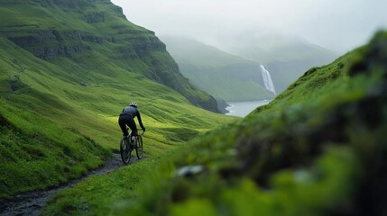 A man is riding a bike on a trail in the mountains