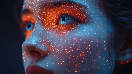 Illuminated Woman's Face, Studio, Glowing Particles, Dark Background,  AI Art