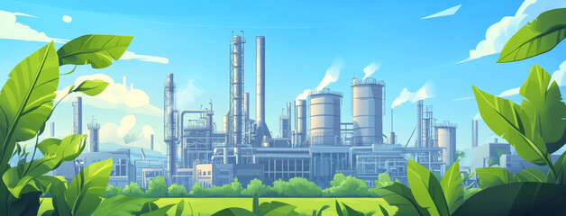 Modern factory with green leaves and blue sky