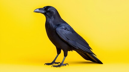 Obraz premium A photostock of a striking black crow perched elegantly, isolated on a bright white background, symbolizing mystery and power. High Quality