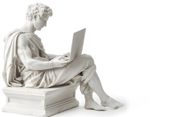 Naklejka premium Realistic classic gypsum statue of man using a laptop for IT isolated on white background