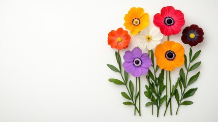 A photostock of a vibrant arrangement of multi-colored wildflowers placed naturally on a white surface, perfect for nature-inspired designs. High Quality