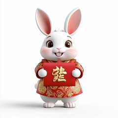Happy Cartoon Rabbit Holding Red Envelopes for Celebration