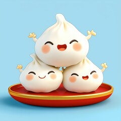 Cute Cartoon Dumplings Smiling on a Red Plate with Blue Background