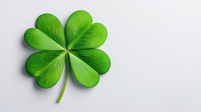 A photostock of a vibrant green four-leaf clover isolated on a clean white background, symbolizing luck and positivity. High Quality