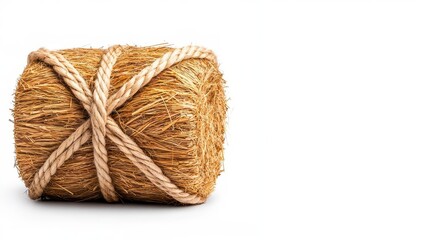Obraz premium A photostock of an industrial bale of hay tied with twine, isolated on a clean white background, symbolizing agricultural work and simplicity. High Quality