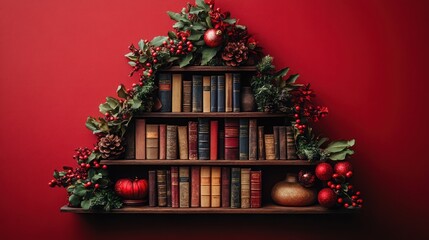 Festive Bookshelf, Red Background, Holiday Decor, Winter, Photography