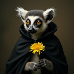 Obraz premium Anthropomorphic lemur dressed in a black cloak, holds a dandelion flower, head and torso portrait.