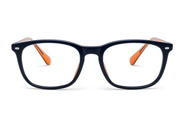 A pair of classic, black-rimmed eyeglasses isolated on white background