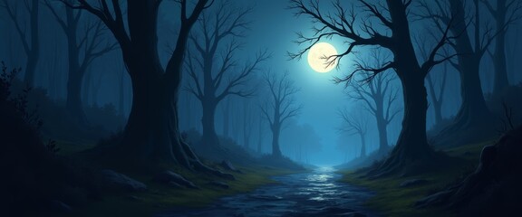 Night scene with trees, full moon. Mystical atmosphere. Halloween holiday concept.