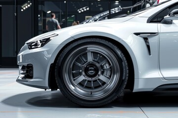 Fototapeta premium Sleek Silver Luxury Coupe Close up Wheel Detail Modern Sports Car Garage Setting