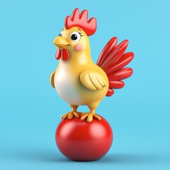 Colorful Cartoon Chicken Character on Red Ball Against Blue Background