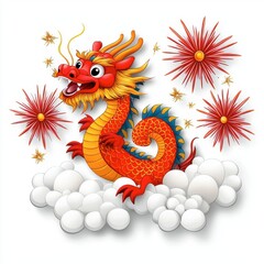 Obraz premium Colorful Cartoon Dragon Surrounded by Fireworks and Clouds