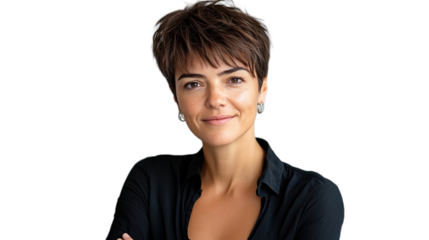 Professional Woman Smiling Against Post-It Note Wall Transparent Background