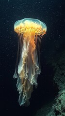 Gliding gracefully through the dark waters, a luminous jellyfish casts a gentle light in the depths, showcasing its delicate features and ethereal beauty