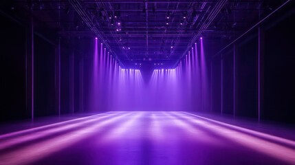 Purple light beams illuminate a dark, empty industrial space.