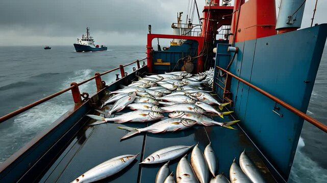 Fishing Trawler Loaded with Freshly Caught Fish on the Open Sea with Overcast Skies and Another Vessel in the Distance


