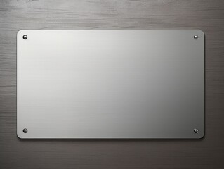 Smooth Metallic Plate with Screw Fasteners on a Wooden Background, Ideal for Branding and Signage Applications in Modern Design Contexts