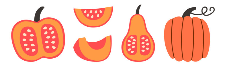 Flat-style illustration set of pumpkins and their slices in different shapes and angles. Vibrant orange tones, perfect for fall, autumn, Thanksgiving, and Halloween designs.