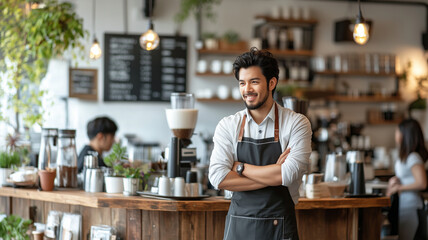 handsome Asian man in barista outfit smiles while serving coffee in cozy cafe. warm atmosphere features wooden decor and plants, creating welcoming environment