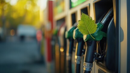 Green leaf on biofuel pump at sunset gas station