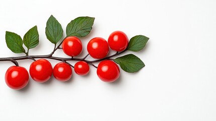 A photostock of red cherry tomatoes on the vine, with vibrant green stems arranged neatly on a clean white surface, symbolizing freshness. High Quality