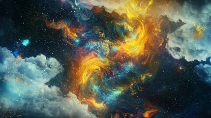 Abstract cosmic art depicting fiery, swirling nebulae amidst clouds and stars.