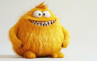 Fototapeta premium A chubby yellow monster with a toothy grin and soft fur, sitting happily on a white background