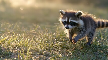 Obraz premium Adorable baby raccoon walking in dewy grass at sunrise.