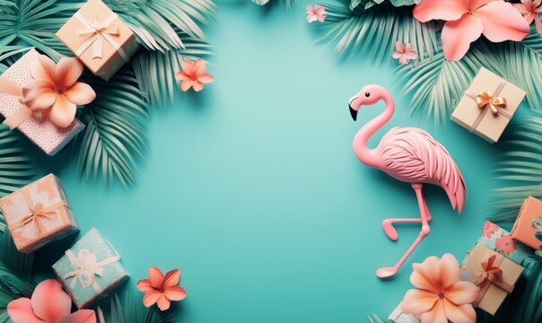 Exotic tropical summer travel background. Summer beach party concept. Summer sale. Pink flamingo in sunglasses, tropical leaves, palm branches on blue background