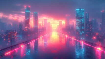 Obraz premium Neon cityscape walkway at sunset, futuristic city reflection