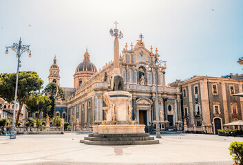 Fototapeta premium View of Cathedral Sant Agata on Piazza del Duomo with Elephant Fountain. in Catania, Sicily, Italy.