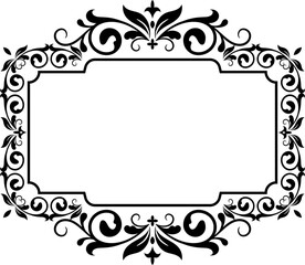 Elegant floral ornamental blank frame in black isolated over white. Victorian baroque border background illustration.