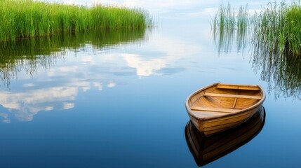 Obraz premium System Steps Methodology section.. Serene lake with a wooden boat surrounded by lush greenery.