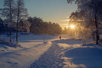 Winter hiker enjoying a serene sunset in a snowy forest landscape