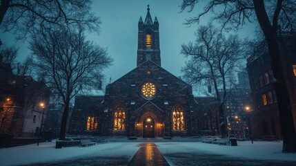 Snowy church night, city backdrop, winter service