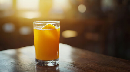 "Refreshing Orange Juice: Glass on Wooden Table"


