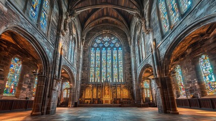 Obraz premium Scottish Church Interior, Stained Glass, Worship, Sunlight, Tranquil, Architecture, Stone, Sanctuary