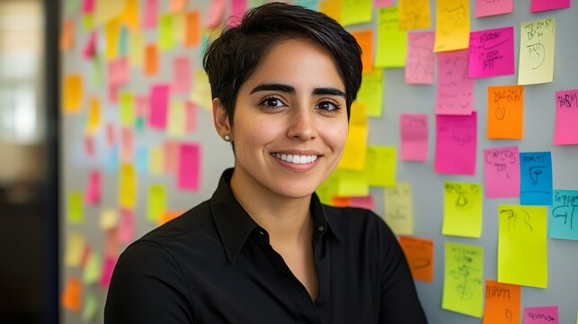 Casual Woman Standing Sticky Notes Wall Colorful Planning Creativity Background