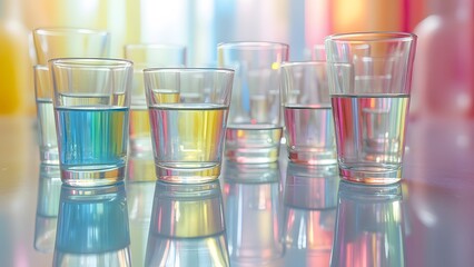 Vibrant Colorful Glass Reflections and Prisms, Refracted Light and Rainbow Hues in White Background