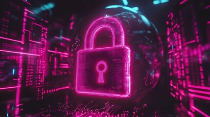 Global cybersecurity, digital lock, neon glow, server room background
