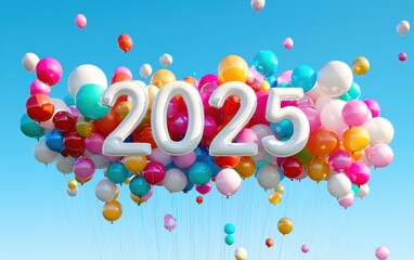 A creative 2025 design made of colorful balloons floating mid-air against a clear blue sky