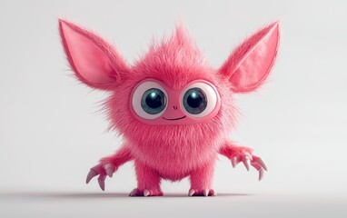 Fototapeta premium A cute pink monster with big ears and a playful expression, standing on a clean white backdrop