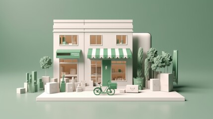 Online Store Delivery Concept: Minimalist 3D Render of a Green Shop on a Smartphone with Delivery Bicycle and Packages