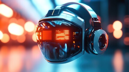 Fototapeta premium Futuristic Headset: Neon Cityscape Background