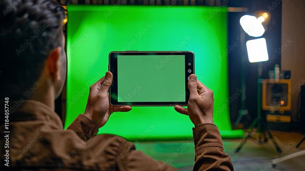 Poster A person holds a tablet in front of a vibrant green chromakey backdrop, ready to create engaging content. Bright studio lights illuminate the space, enhancing the filming process.