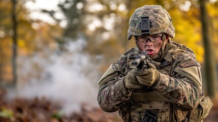 Fototapeta premium Soldier aiming rifle in forest, smoke in background.