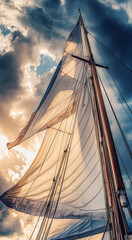 Fototapeta premium Majestic sailing ship with illuminated sails against dramatic sky