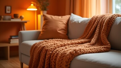 Cozy Hygge Living Room, Warm Knit Throw Blanket on Soft Sofa, Orange Tones and Soft Lighting