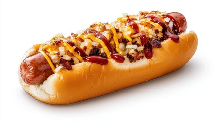 Juicy Hot Dog on a Soft Bun Topped with Cheese, Onions, and Ketchup for Street Food Lovers